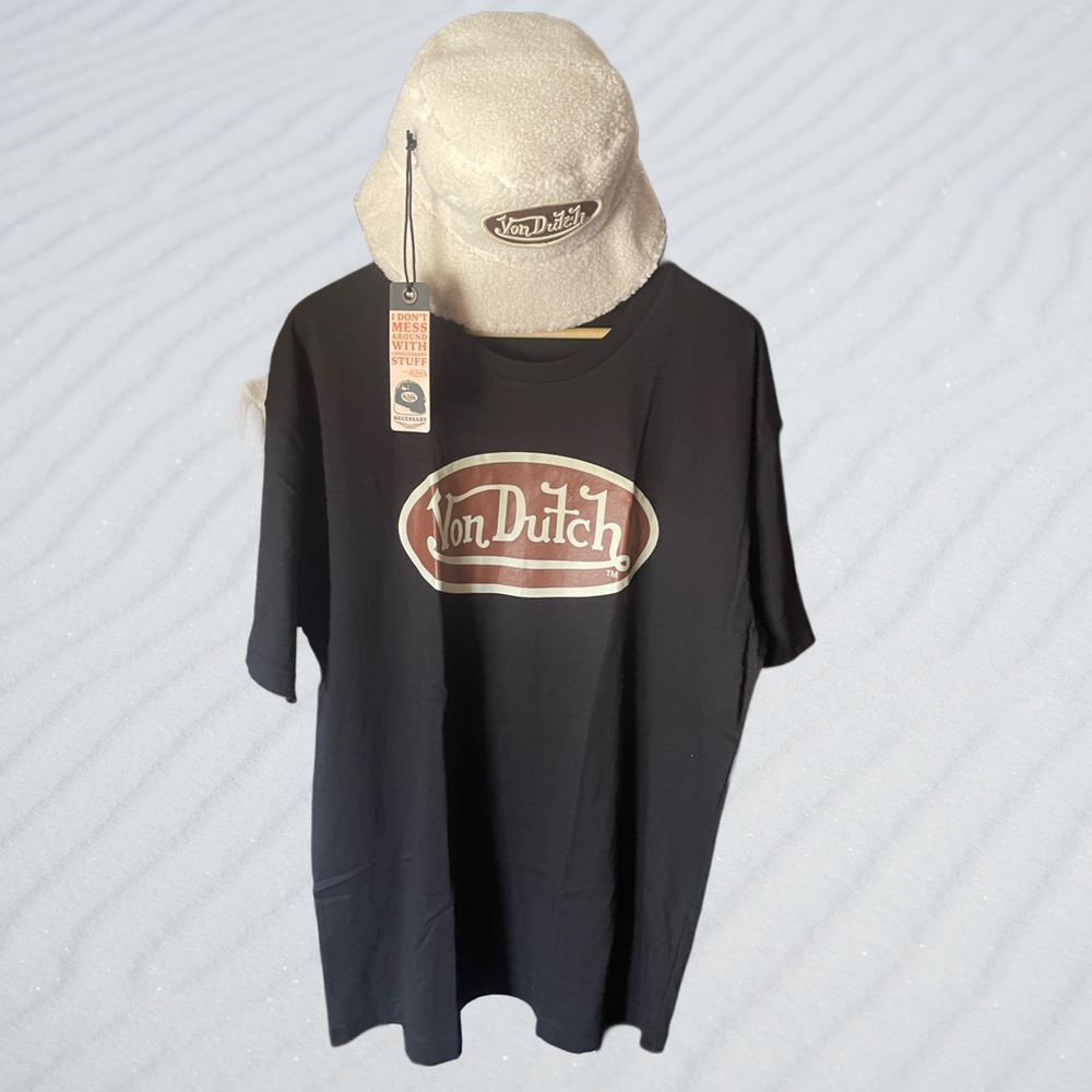 VON DUTCH 2PC BROWN/CRÈME SHIRT WITH SHERPA BUCKET AND BROWN REVERSABLE HAT